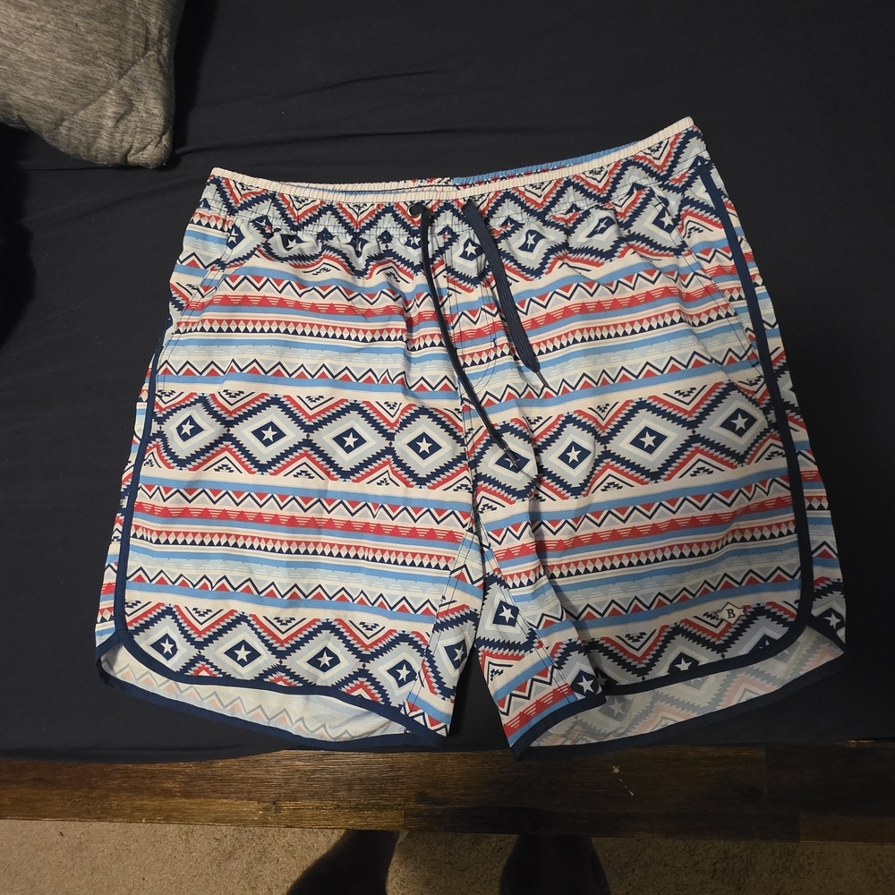 BURLEBO Men's Tribal Pattern Swim Shorts - Blue and Red